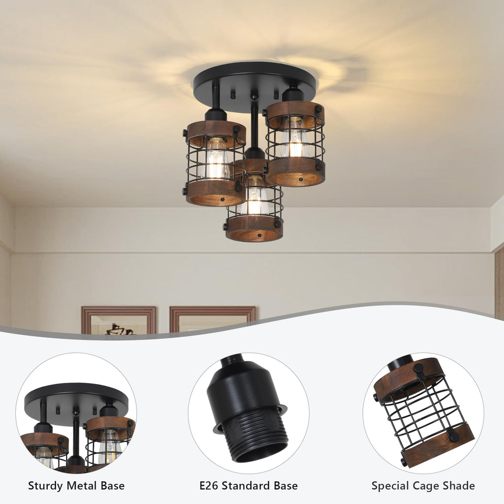 Semi Flush Mount Ceiling Light, 3-Light Farmhouse Chandelier Light Fixtures Ceiling Mount, Black Hallway Light