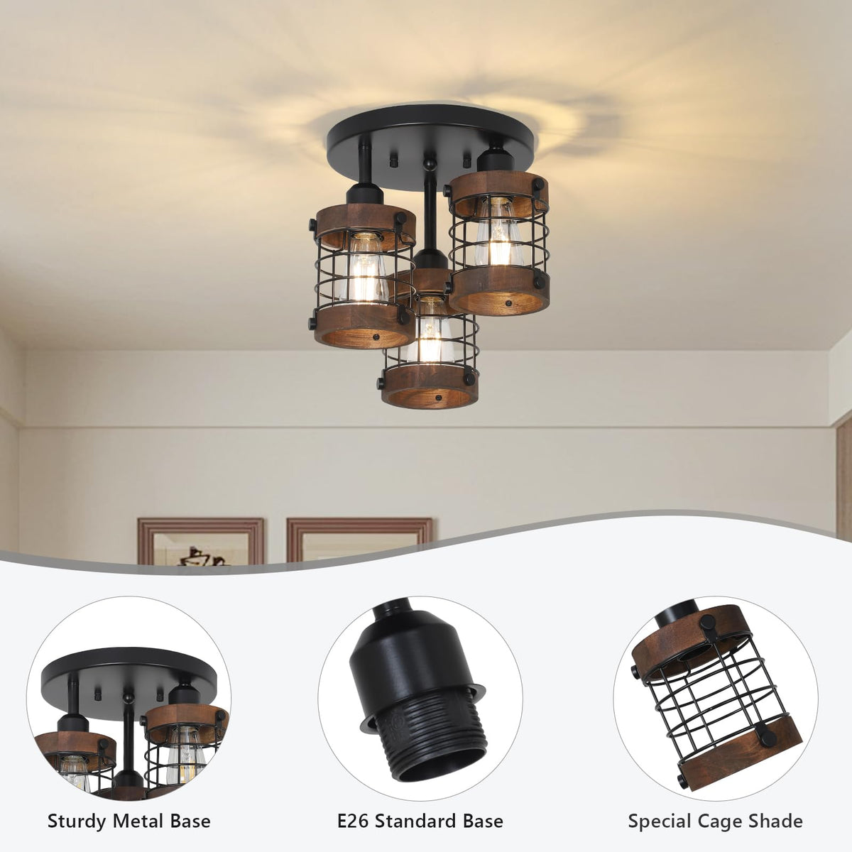 Semi Flush Mount Ceiling Light, 3-Light Farmhouse Chandelier Light Fixtures Ceiling Mount, Black Hallway Light