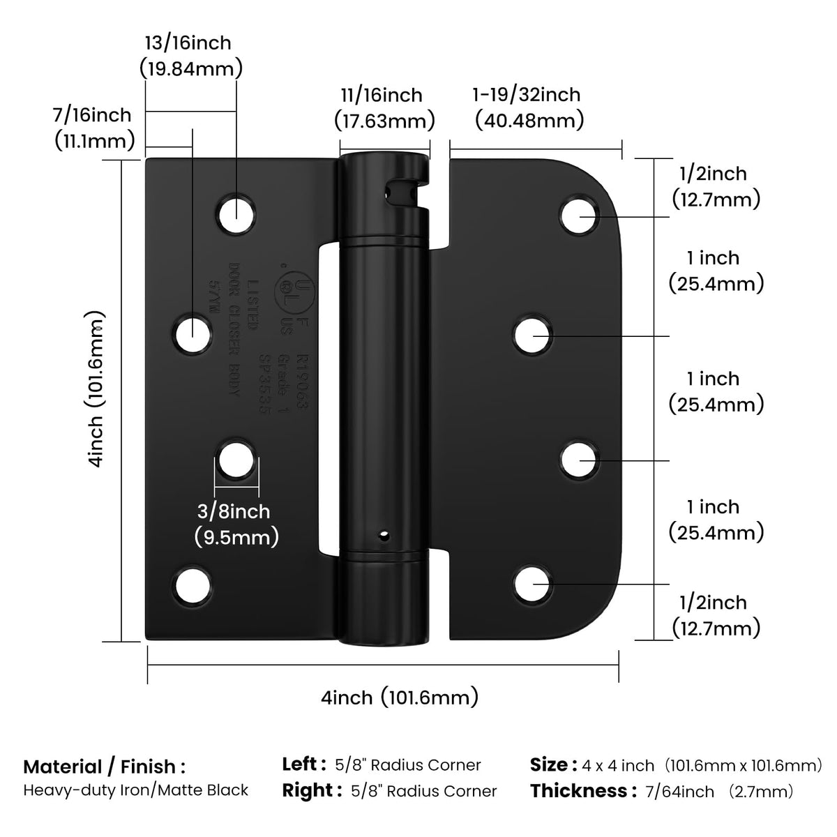 6 Pack Self Closing Door Hinges 4" Matte Black 5/8" & Square Radius