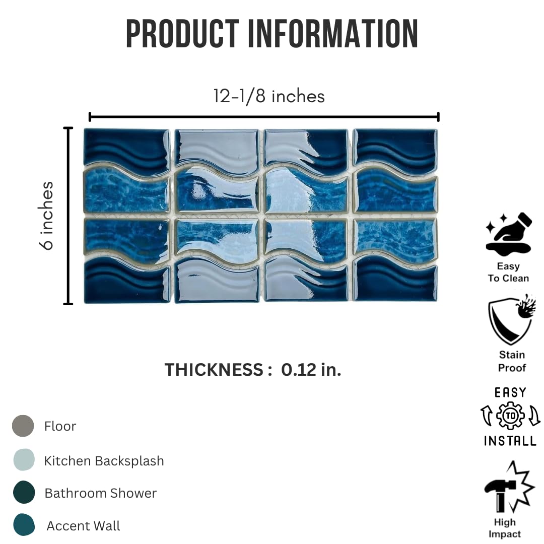 Navy Ocean Blue Wavy Porcelain Waterline Border Pool Wall Floor Tile Backsplash on 6x12 Mesh Mounted Easy