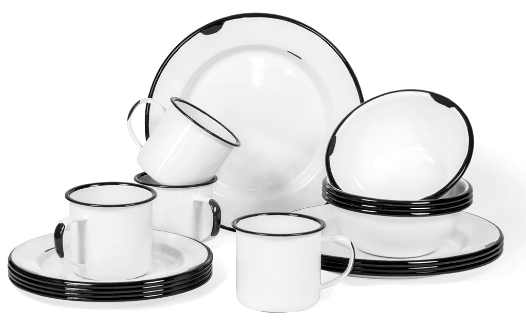 16-Piece Enamelware Metal Dinnerware Set for 4, Distressed White/Black Rim