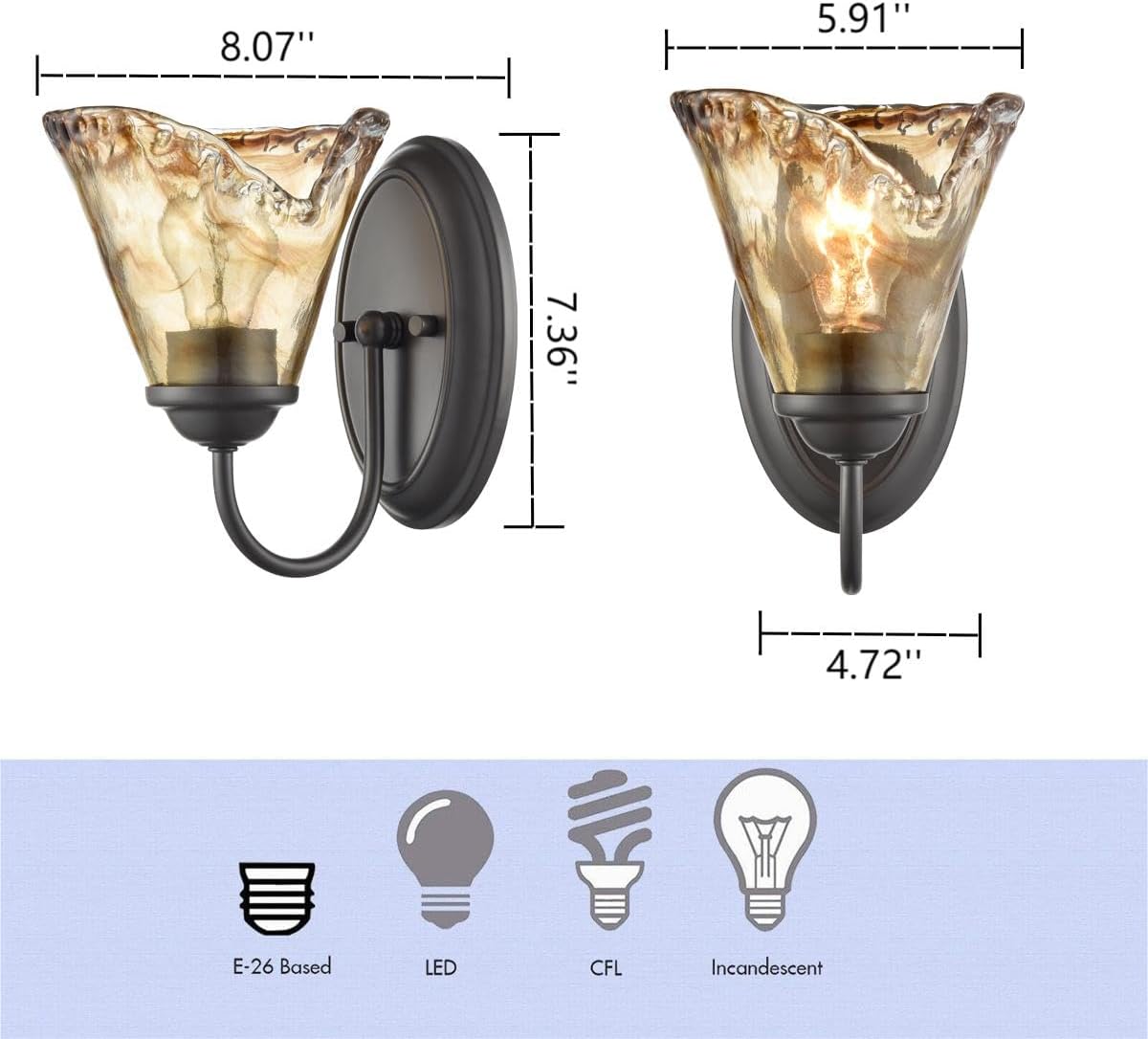 Rustic Wall Sconce Vintage Vanity Light with Amber Glow Glass Shade | Modern Wall Light Bathroom Living Room Hallway