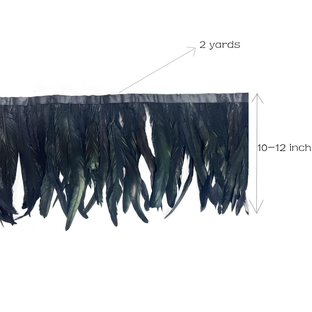 10-12" Rooster Hackle Feather Fringe Trim, Sewing Craft Feather for DIY Decorations-Black - 2 Yards