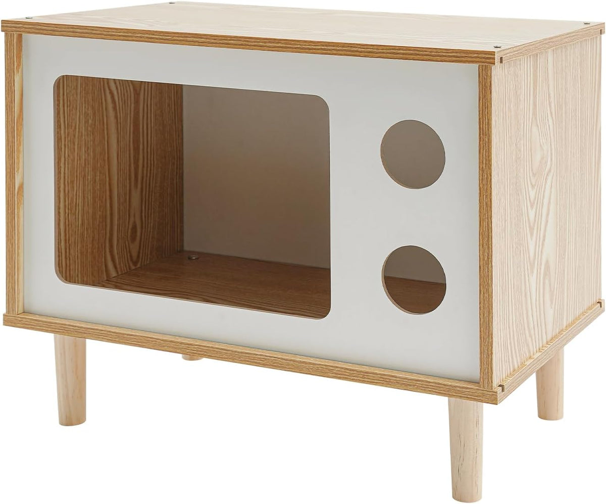 Wooden Cat House Creative TV Shaped Cat Villa, Indoor Cats Condo, Pet Store (Wooden, White, 19.7 * 11.4 * 15.7 in)