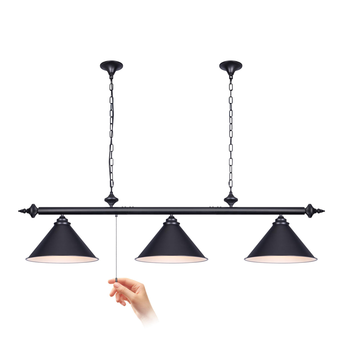 59in Billiard Pool Table Light with Pull Chain Switch on Pendant Light Fixture 3 Lights with Matte Black Shade