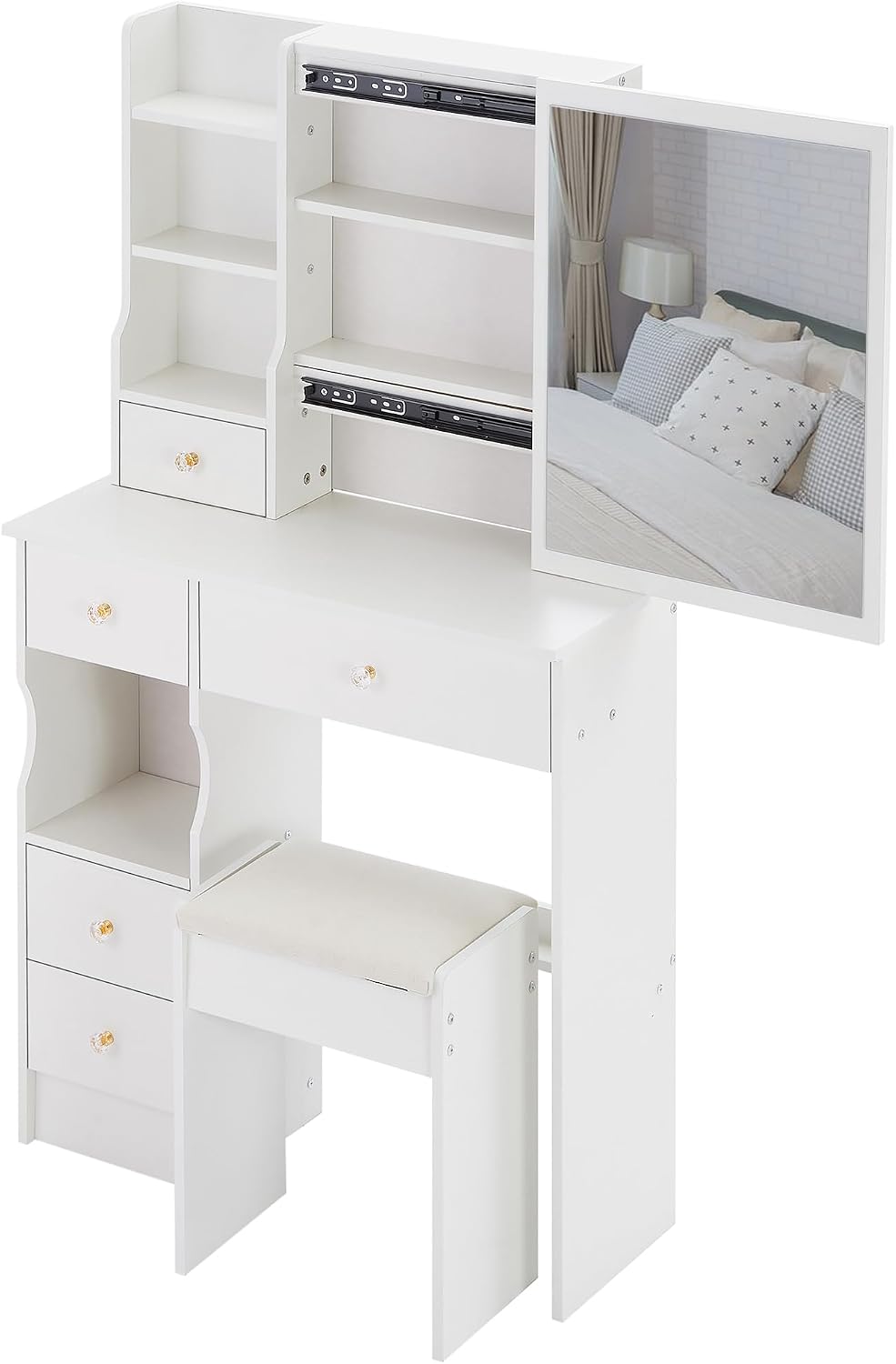 29.2" Small Space Makeup Vanity Table with Stool, Sliding Large Mirror Dressing Desk with Drawer Storage, Compact