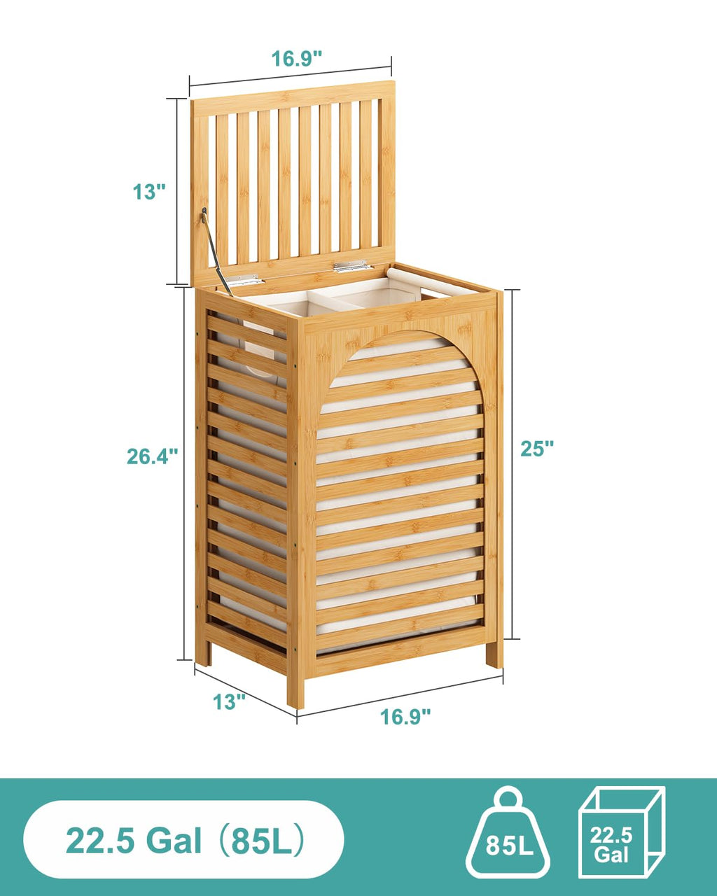 Hamper, 22.5 Gallon (85L) Bamboo Wood Clothes Laundry Basket with Lid and Handles, Removable Liner (Natural, Large)