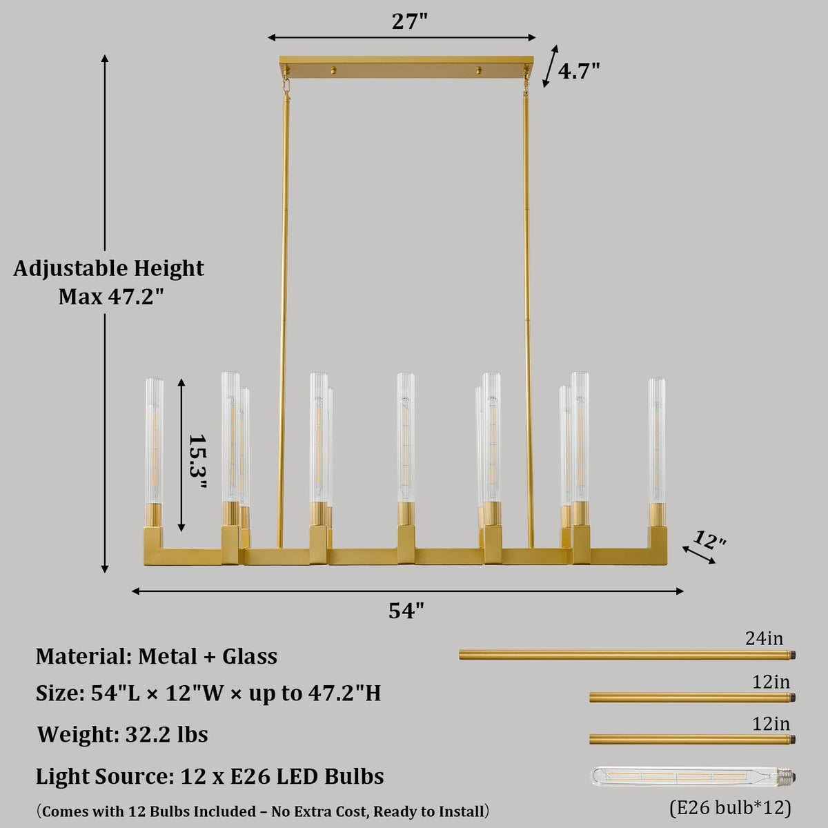Gold Farmhouse Dining Room Chandelier,Modern Linear Rectangle Chandelier