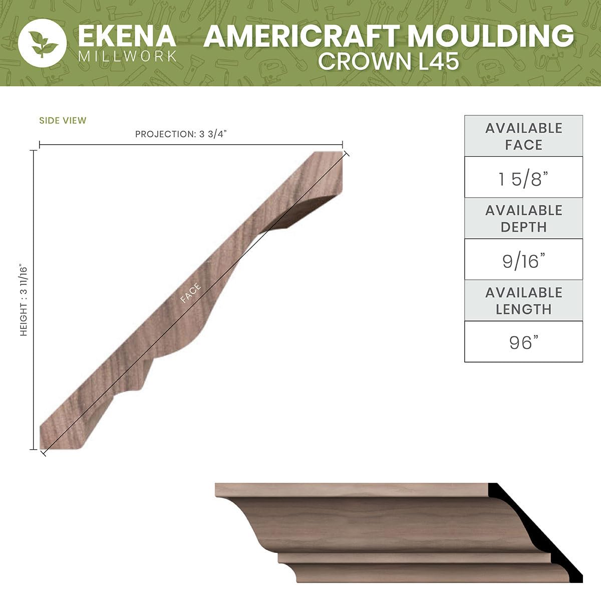 Crown Solid Hardwood Moulding, 3 11/16"H x 3 3/4"P x 5 1/4"F x 96"L, Stain Grade White Oak