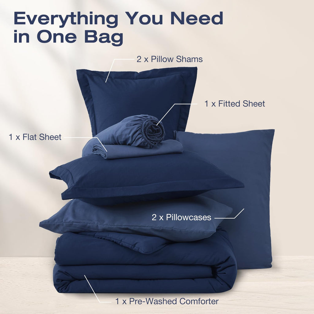 Comforter Set 7-Piece Navy Blue, Pre-Washed Bed in a Bag