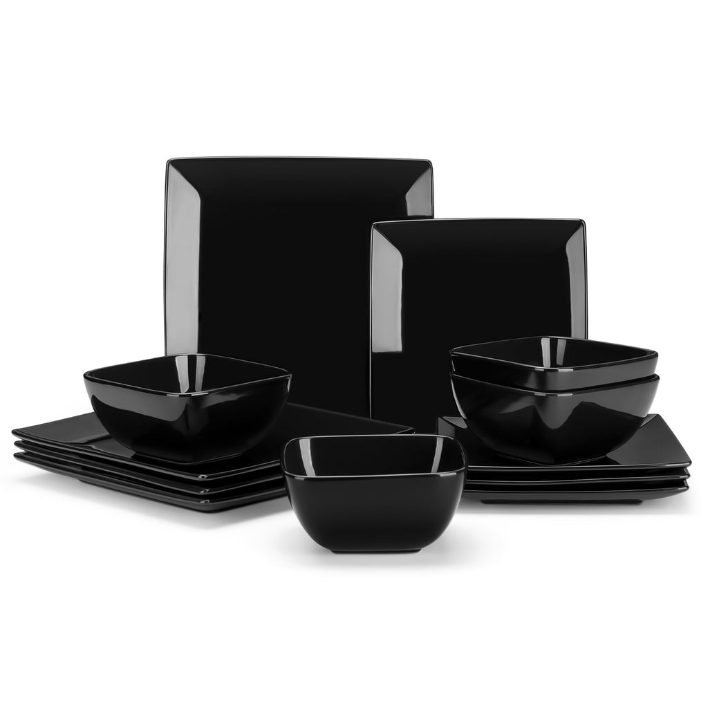 Soho Dinnerware Sets 12 Pieces, Black Stoneware Square Place Setting, Plates and Bowls Sets, Dinner Plate, Dishes Set