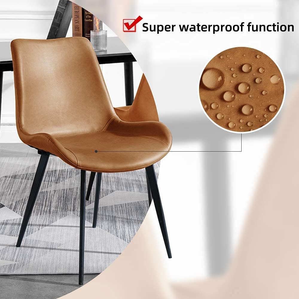 Modern Dining Chairs Set of 4, Upholstered Faux Leather Cushion Seat and Sturdy Metal Legs (4 Brown Chairs)