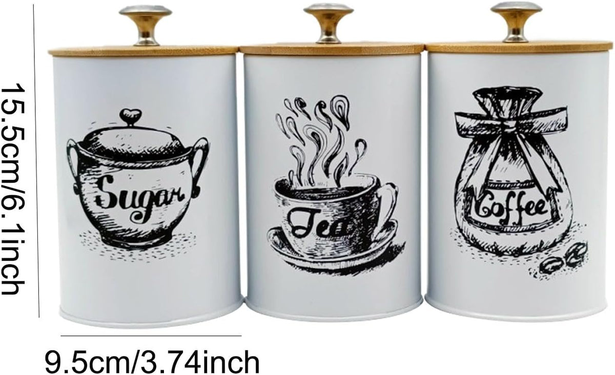 3-Piece Kitchen Canister Set for Coffee Tea Sugar, Iron and Bamboo Countertop Storage Jars with Dustproof Lids - Set of 3