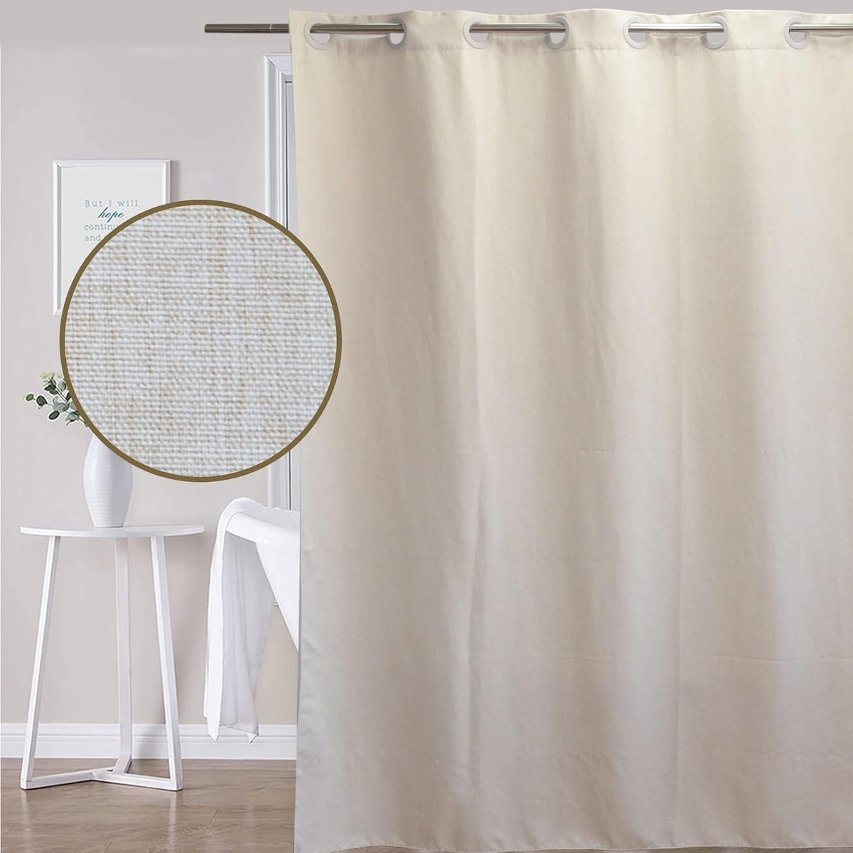 Beige Linen Textured Shower Curtain 84 Inches Long, without Hooks Needed | Water-Repellent, Machine Washable