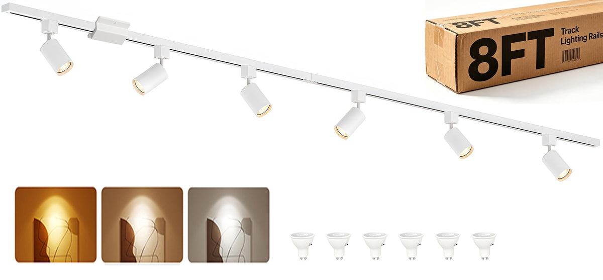 8FT LED Track Lighting Kit with 3-Color GU10 Bulbs, Dimmable 6 Lights White