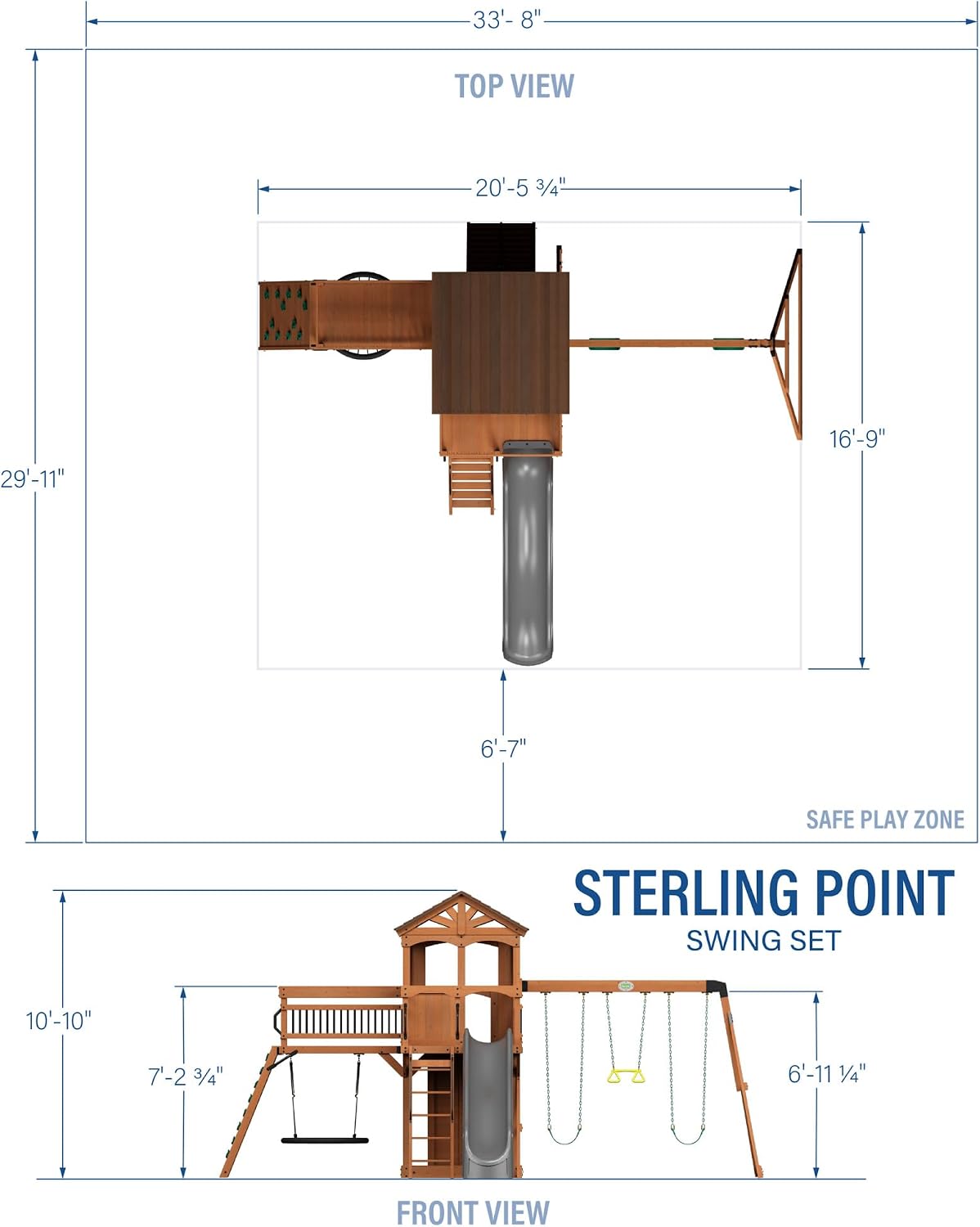 Sterling Point Cedar Wood Swing Set with Wave Slide, Raised Clubhouse, Wooden Bridge, Rock Wall, Belt Swings, Web