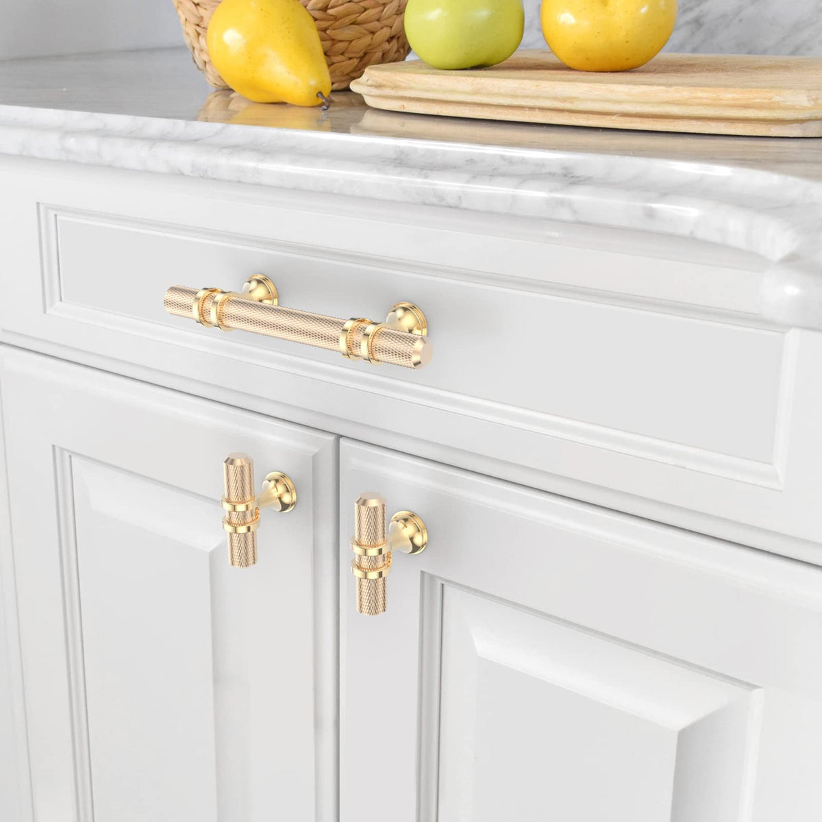 10 Pack 3 Inch(76mm) Knurled Brushed Brass Kitchen Cabinet Handles, Glod Cabinet Pulls Kitchen Cabinet Hardware