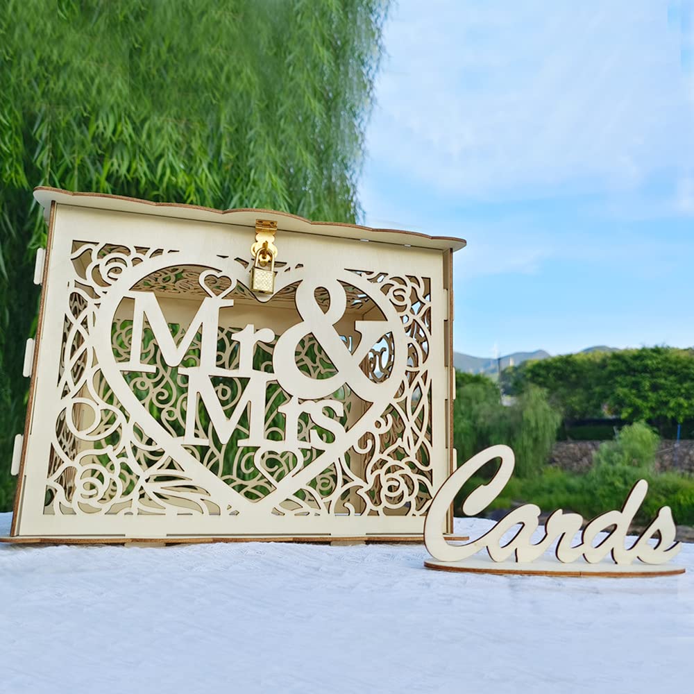 Wedding Card Box with Lock and Card Sign, Wooden Gift Card Box Money Box for Reception Wedding Anniversary Baby