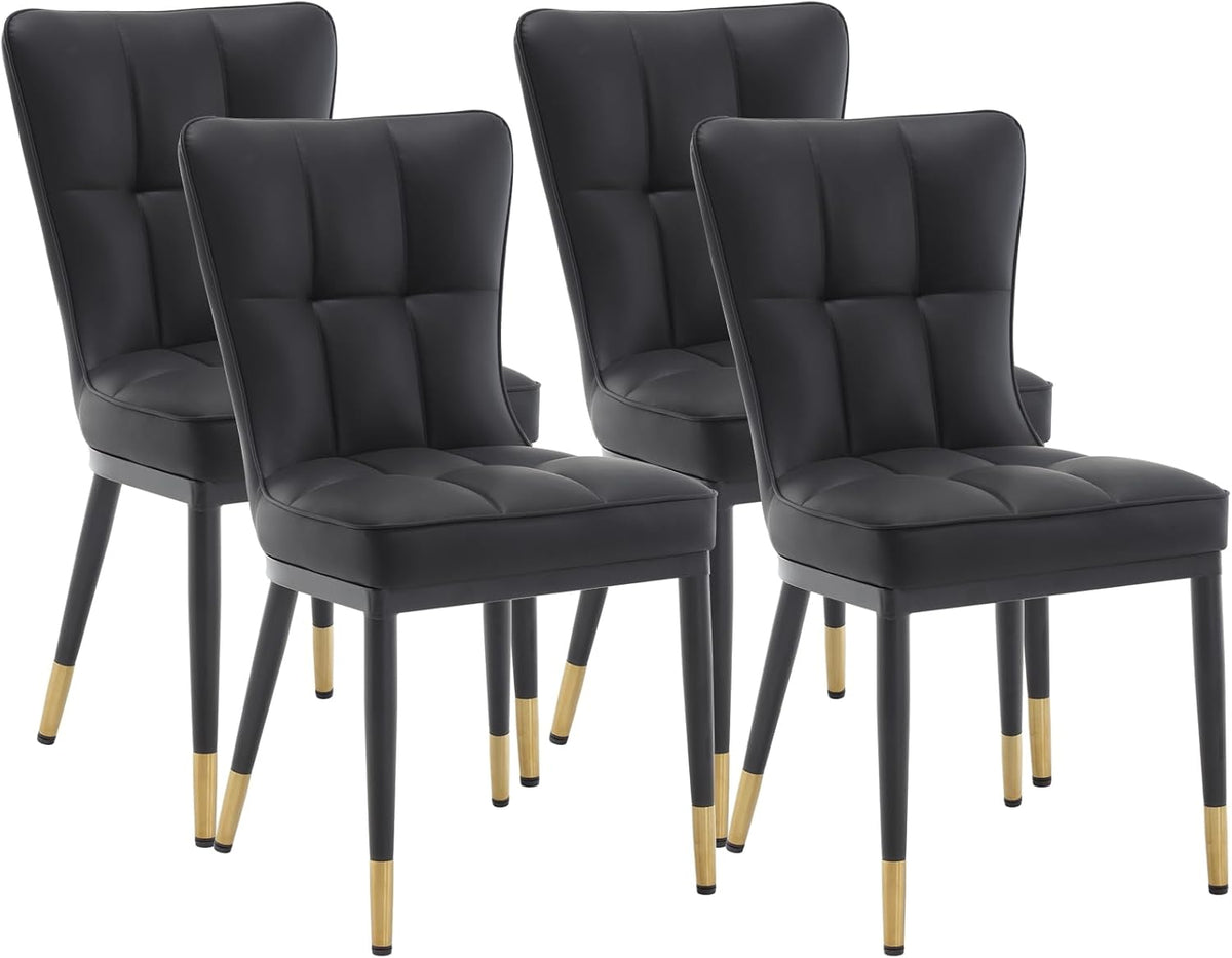 Modern Dining Chairs Set of 4, PU Leather Upholstered Kitchen Chairs with Thickened Seat, Metal Legs and Armless Design, Black