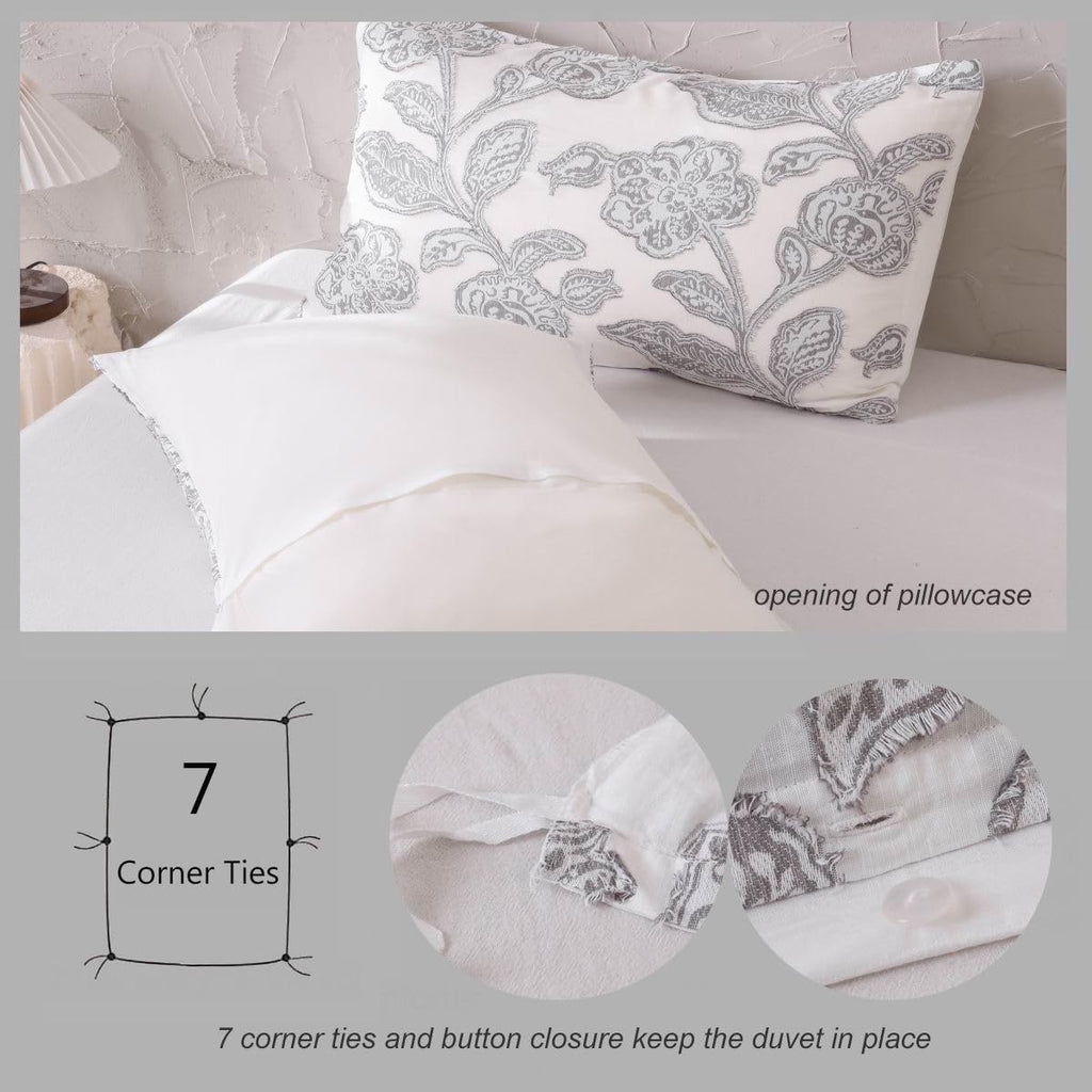 Cotton Clipped Jacquard Duvet Cover Set Queen, 3 Pieces Jacobean Floral Bedding Set (Grey, Queen)