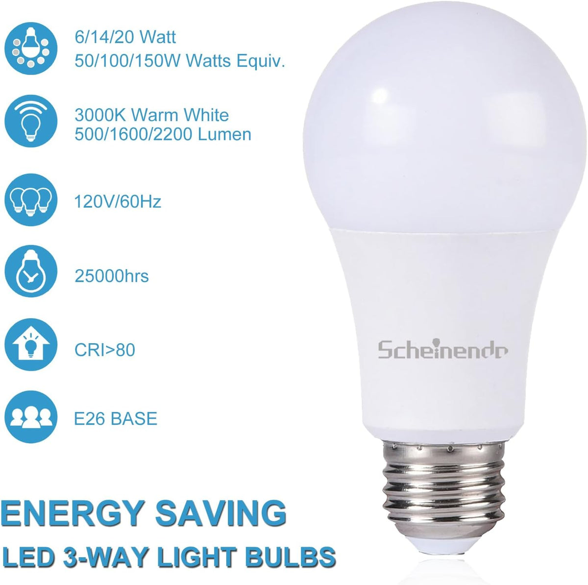 3-Way Led Light Bulbs 50 100 150 Watt Equiv, A21 E26 Bulb, 3000K, 4PK