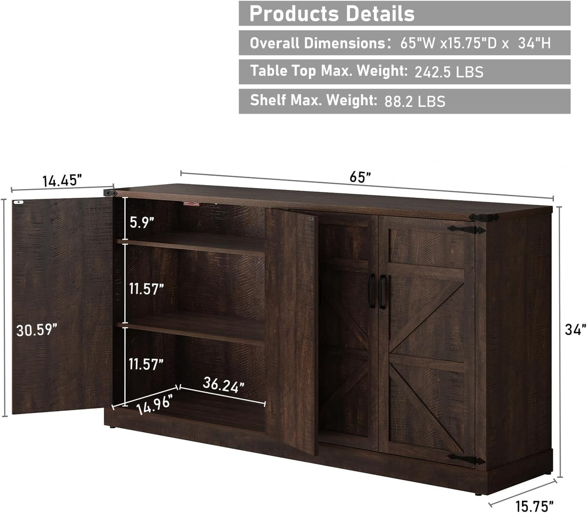 Sideboard Buffet Cabinet with Storage - 65 Inch Farmhouse Kitchen Pantries Sideboard Cabinets with Adjustable Shelves