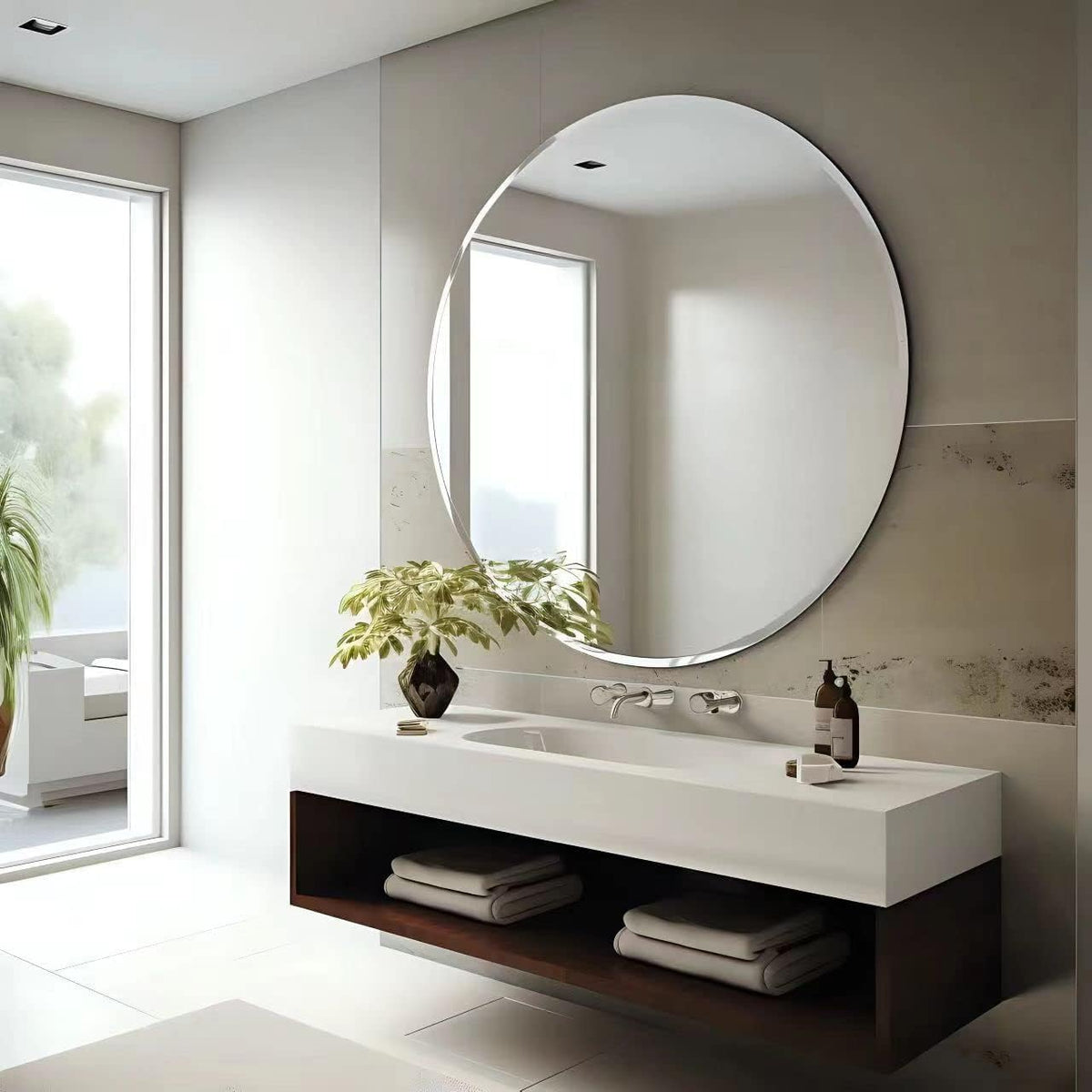 30" Round Frameless Wall Mirror with Beveled Edge