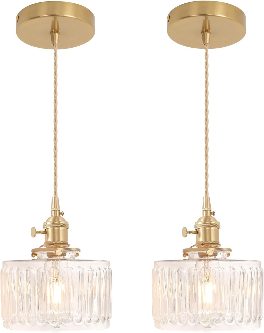 Pendant Light 2 Pack with Clear Striped Glass Lmapshade, Brass Vintage Pendant Light Adjustable Hanging Light for Kitchen Island Dining Room Hallway