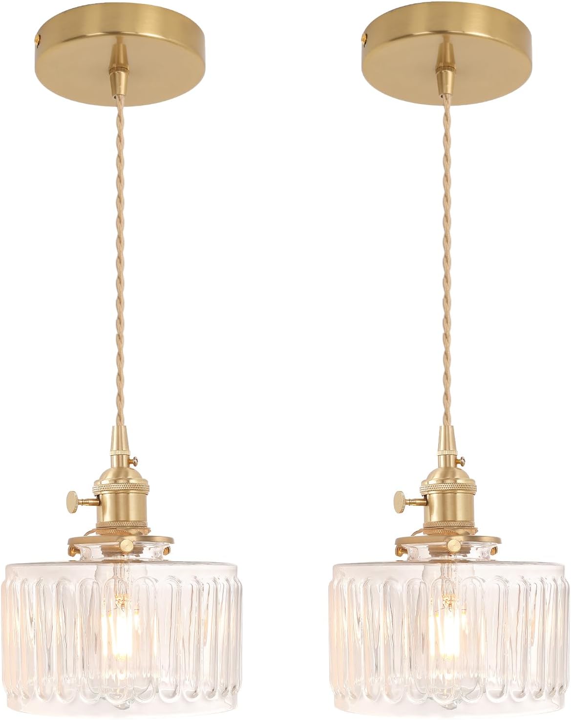 Pendant Light 2 Pack with Clear Striped Glass Lmapshade, Brass Vintage Pendant Light Adjustable Hanging Light for Kitchen Island Dining Room Hallway