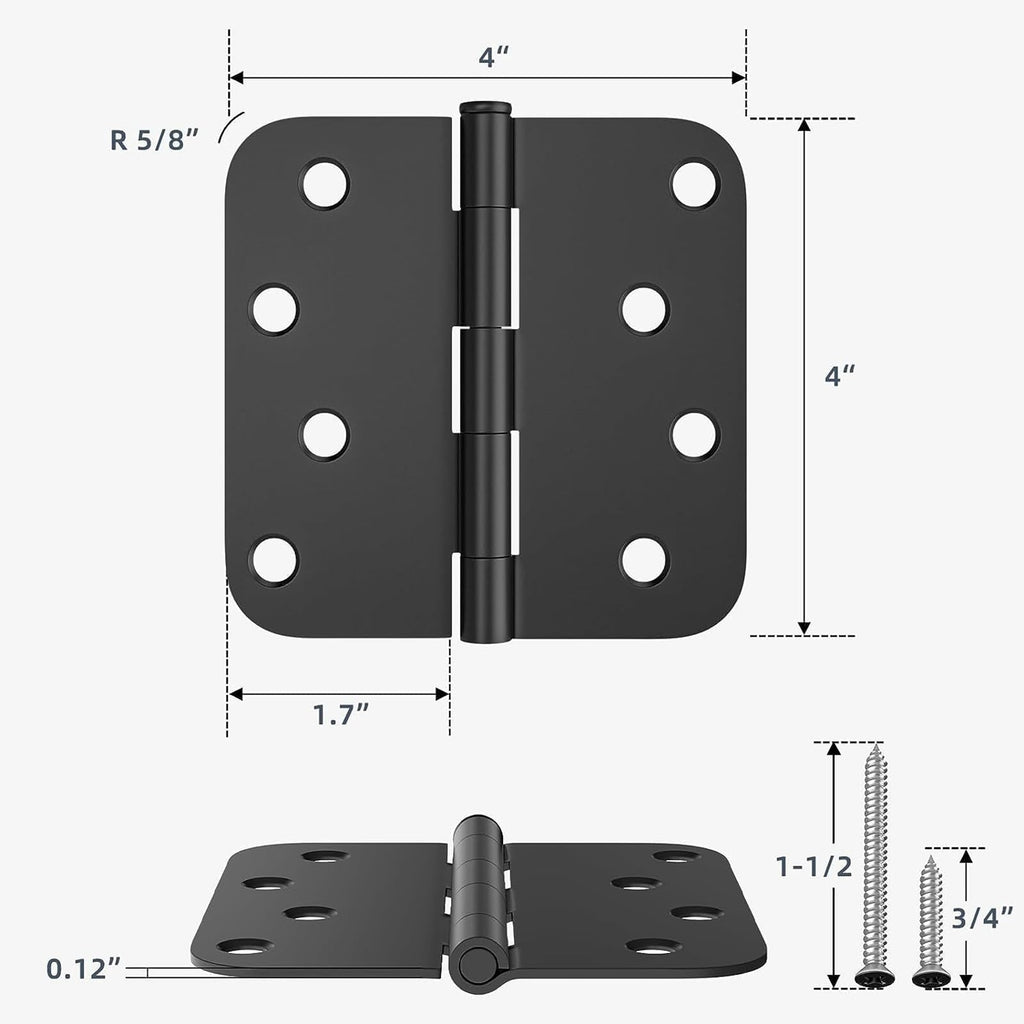 12 Pack 4 Inch Black Exterior Door Hinges, 5/8" Radius Corner
