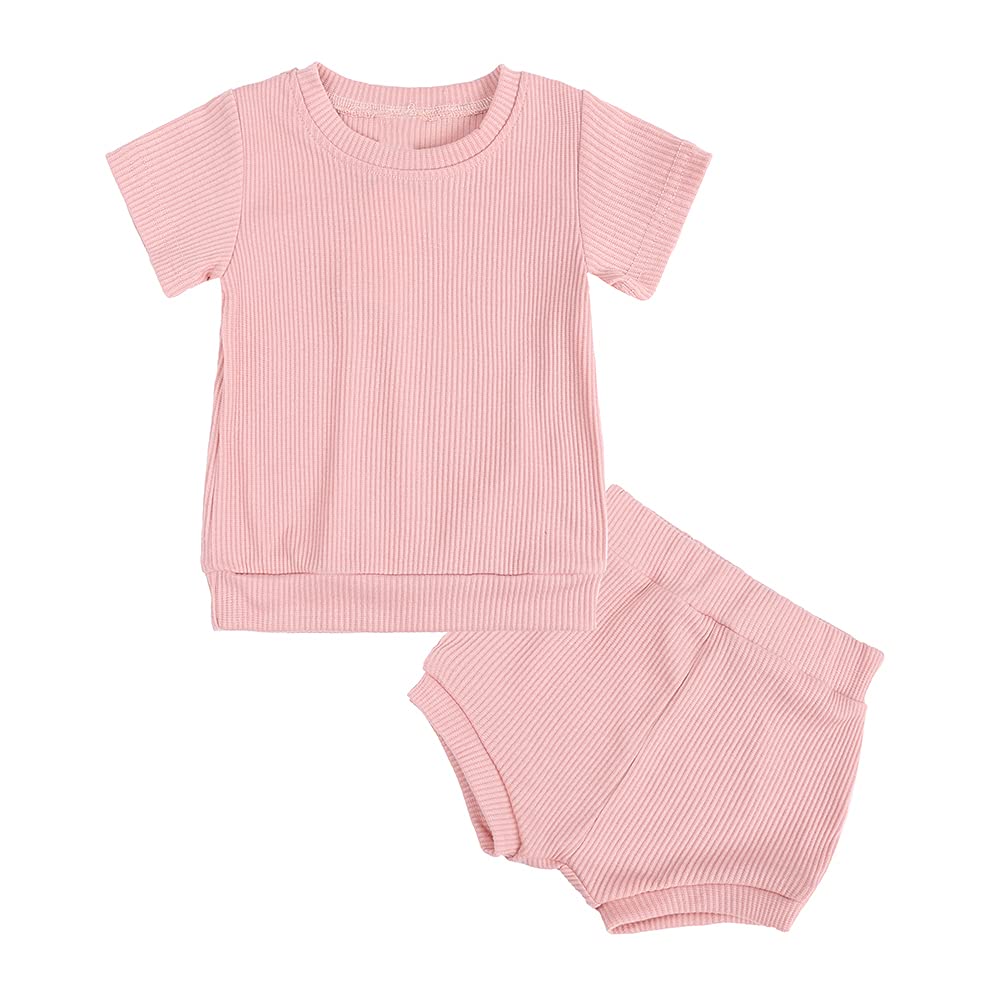 Infant Boys Girls Summer Outfits Toddler Baby Ribbed knitted Short Sleeve Top + Shorts 2PCS Cotton Clothes Set
