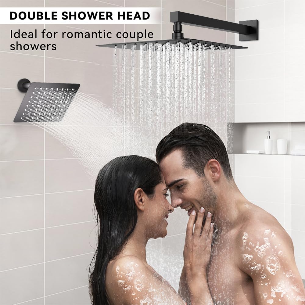 Thermostatic Shower System Matte Black, Shower Faucets Sets 12+ 6" Wall Mount Rain Shower and 2 in 1 Handhled, Can
