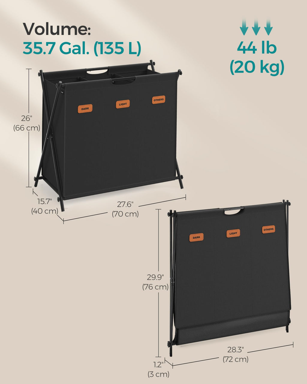 Laundry Hamper, 35.6 Gal. 3 Sections, Collapsible X-Frame