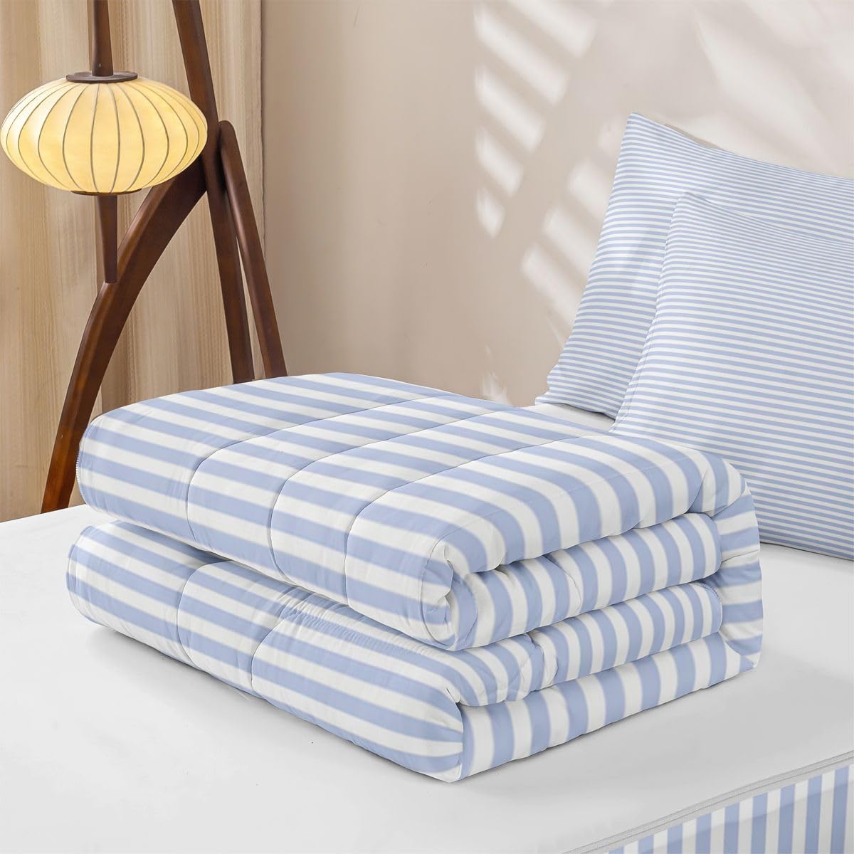 Blue White Stripe Zipper Bedding Set