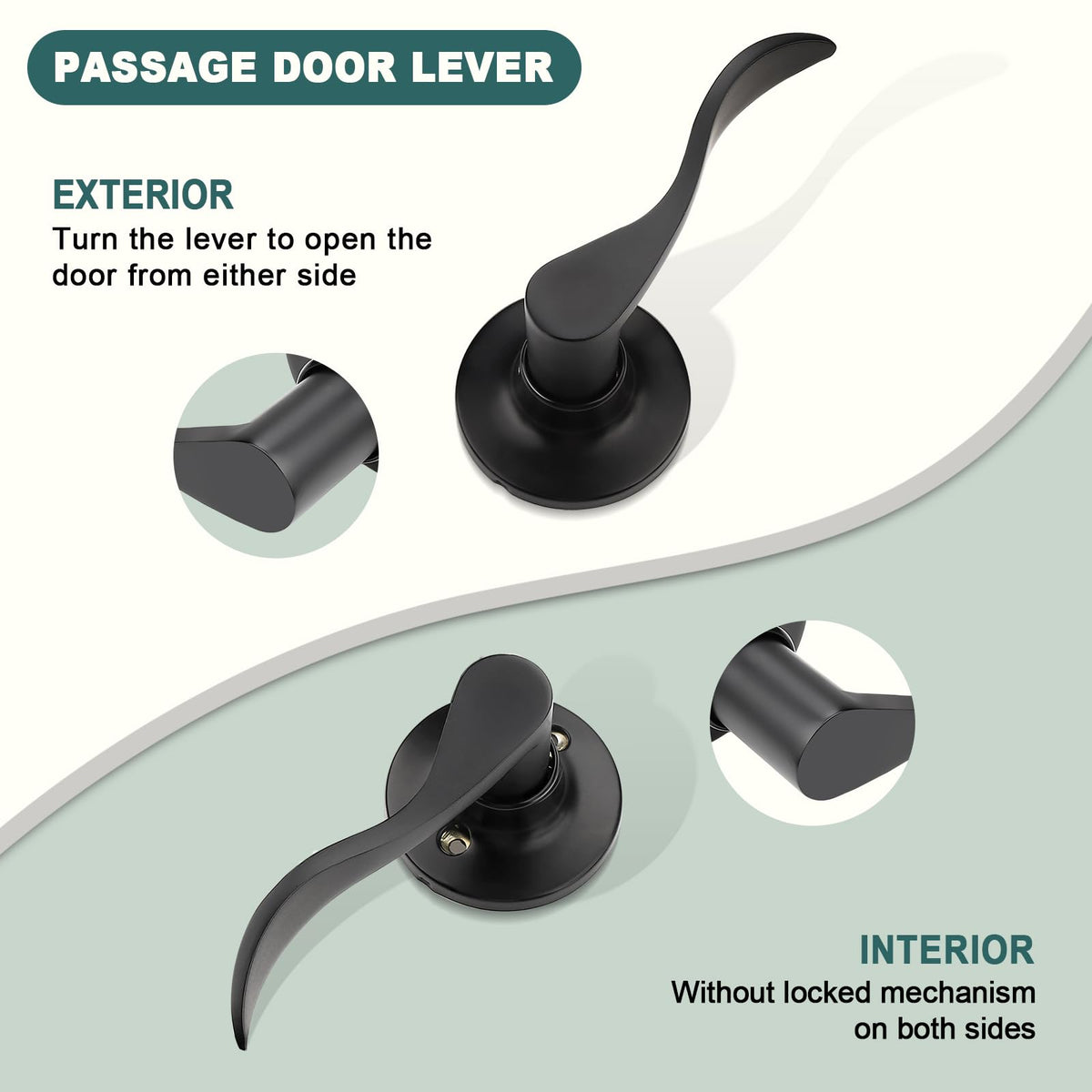 5 Pack Matte Black Passage Door Levers Interior Door Handles and Closet Door Lock Keyless Wave Lever Door Handles