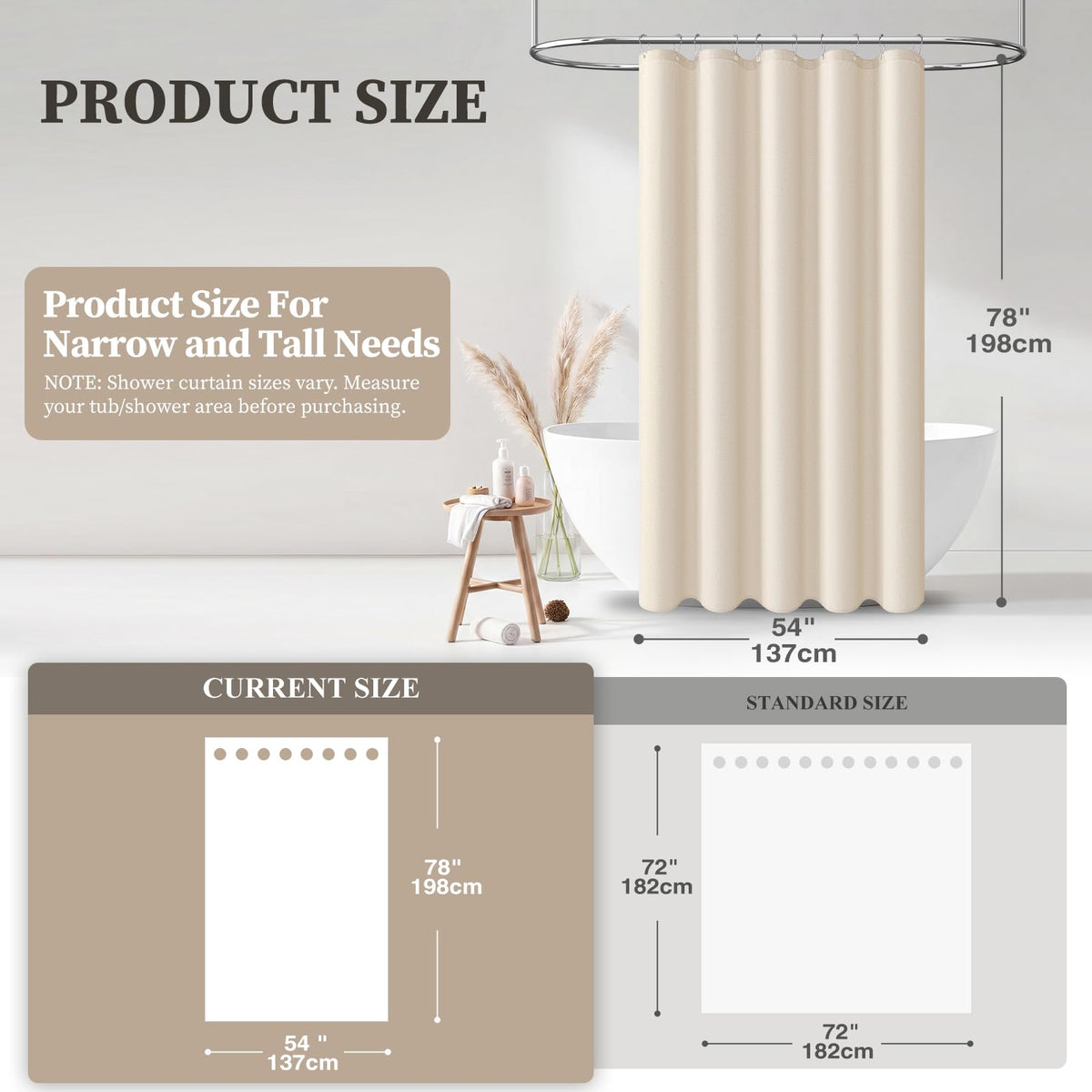 54x78 Linen Textured Waterproof Fabric Shower Curtain, Beige/Cream