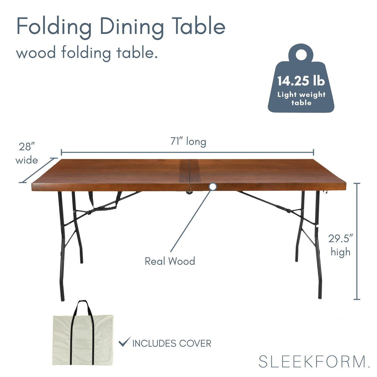6 Ft Wooden Folding Banquet Table, 28 Inch, with Carry Handle