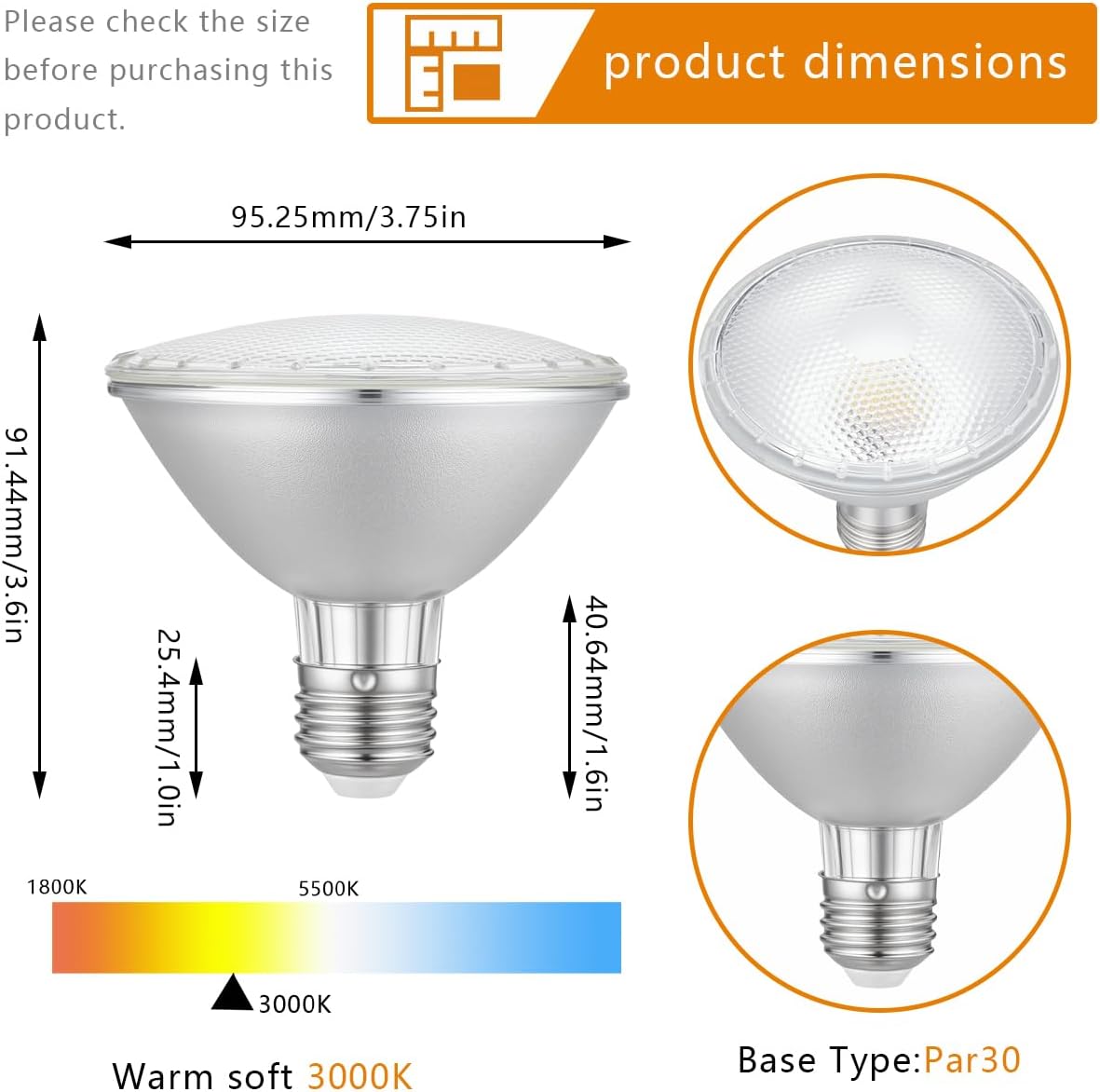 PAR30 LED Short Neck Flood Light Bulbs, E26 Base, 120V, 10W, Waterproof, 75W Equivalent, Replacement for Accent