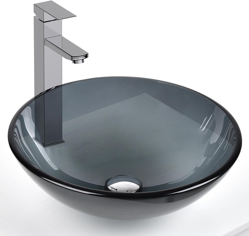 Bathroom Vessel Sink, Tempered Glass Vanity Round Bowl with Chrome Faucet and Pop up drain Set, Bluish Grey
