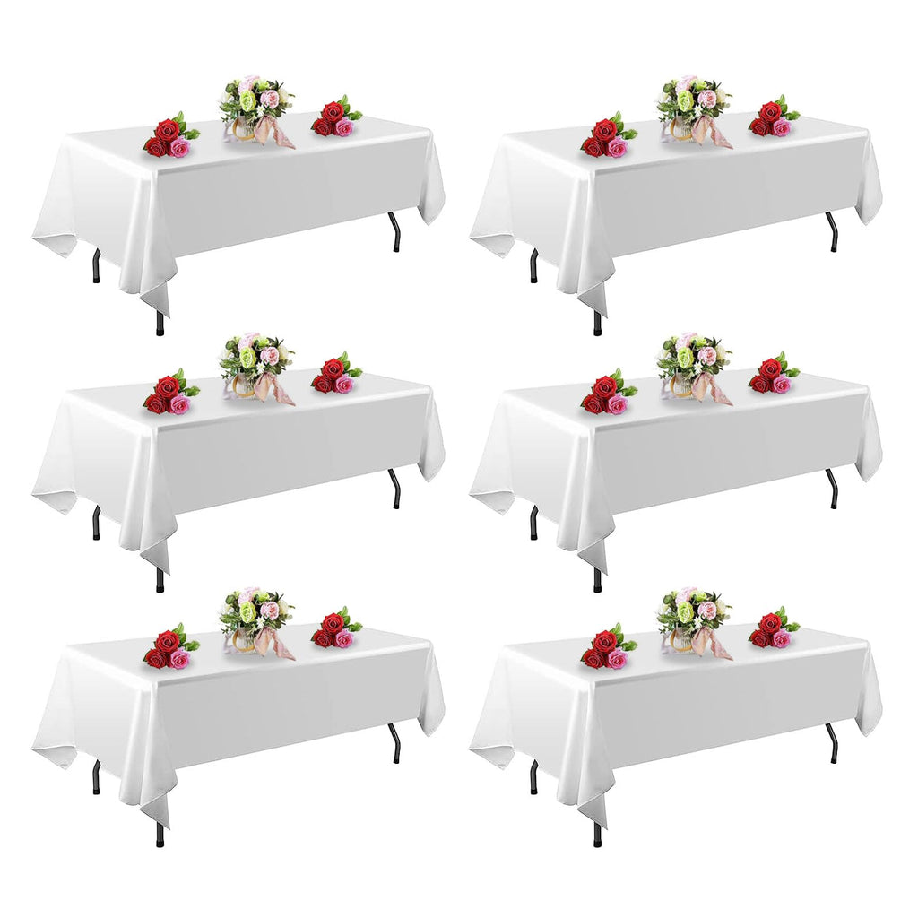 6 Pack White Table Cloth Rectangle Table 60 x 102 Inch Tablecloths for 6 Foot Rectangle Tables. Stain and Winkle