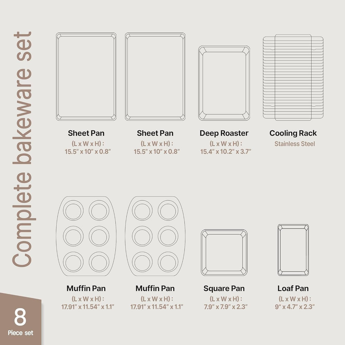 8-Piece Ceramic Coated Bakeware Sets, Nonstick Aluminized Steel Pans with Muffin, Loaf, Cake, Roasting Pan, &