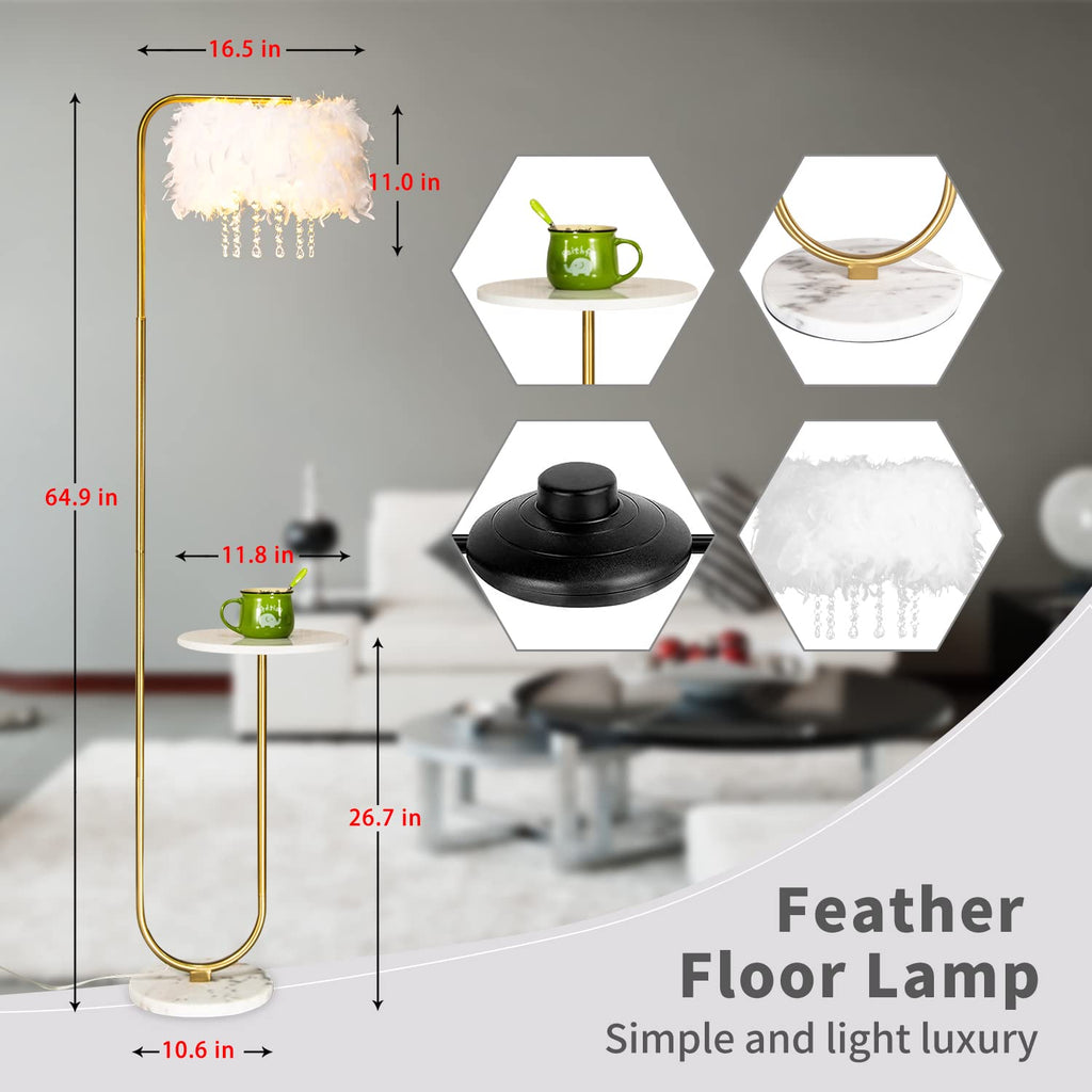 Inspired Arco Style Unique Led White Feather Floor Lamp with Tray, Ostrich Feather Stand Lamp, Living Room Bedroom Office Shop Window