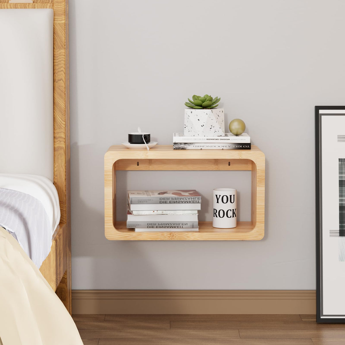 Bamboo Floating Nightstand with Storage Drawer and Modern Open Shelf Cubby, Bedroom, Living Room, Kitchen, Tool Room