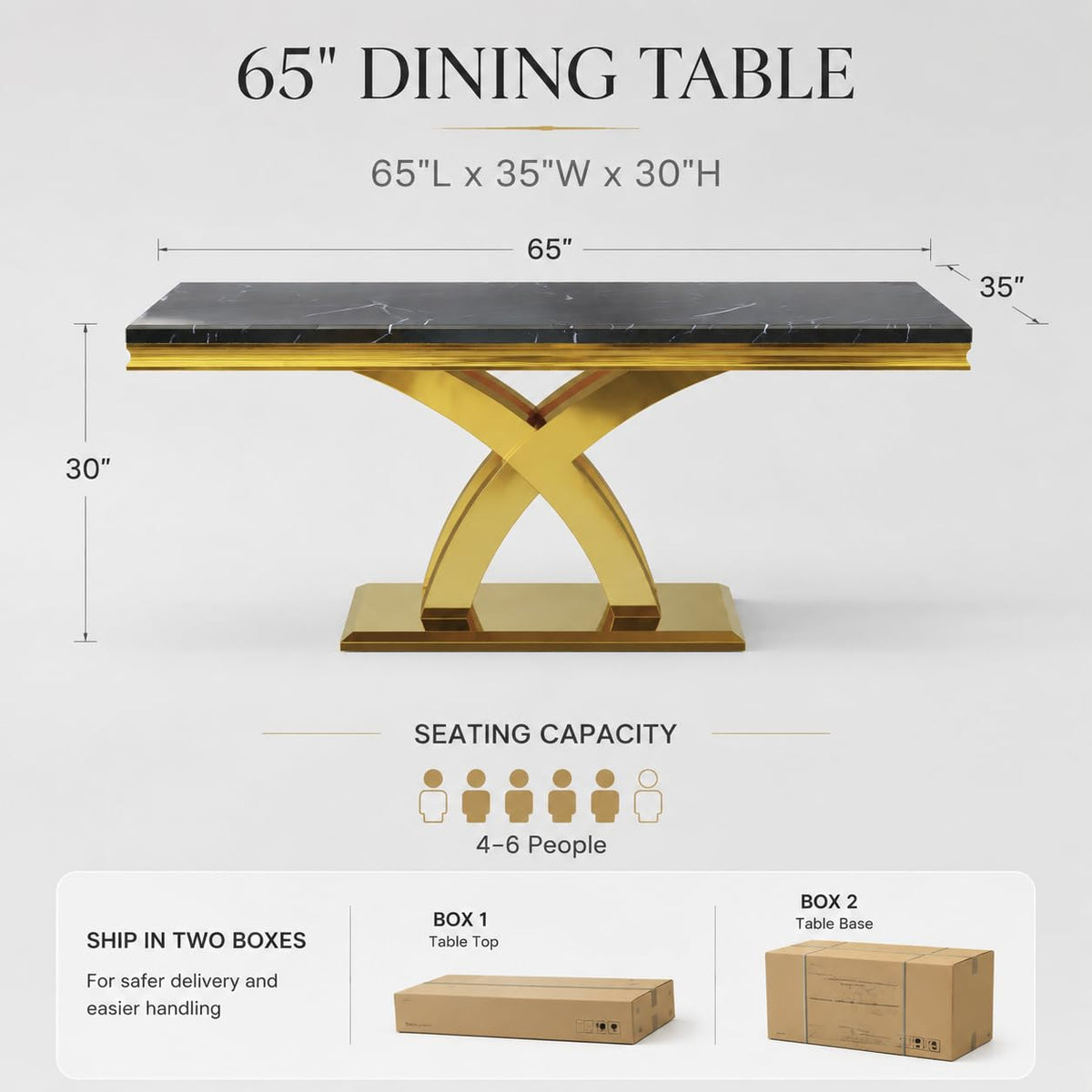 65" Black Faux Marble Dining Table with Polished Gold X-Cross Base