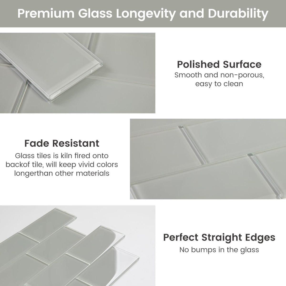 Glass Subway Tile 3 x 6 Inch Light Gray Backsplash Bathroom Wall (32-Pack, 4 sq.ft.)
