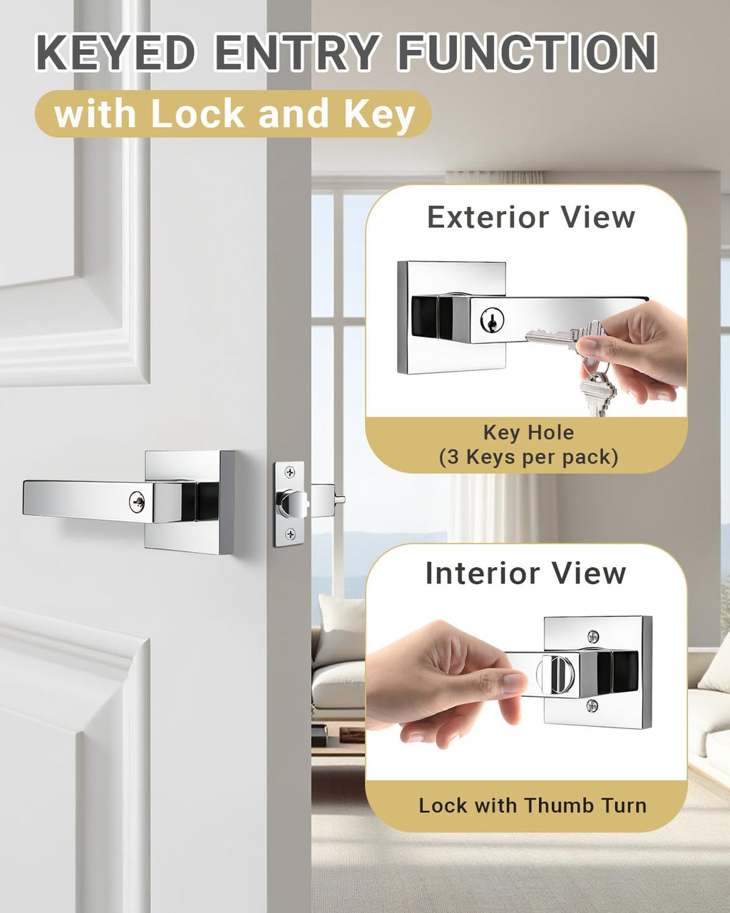 3 Pack Door Knob with Lock and Key Front Doot Handle with Lock Polished Chrome Modern Square Leverset