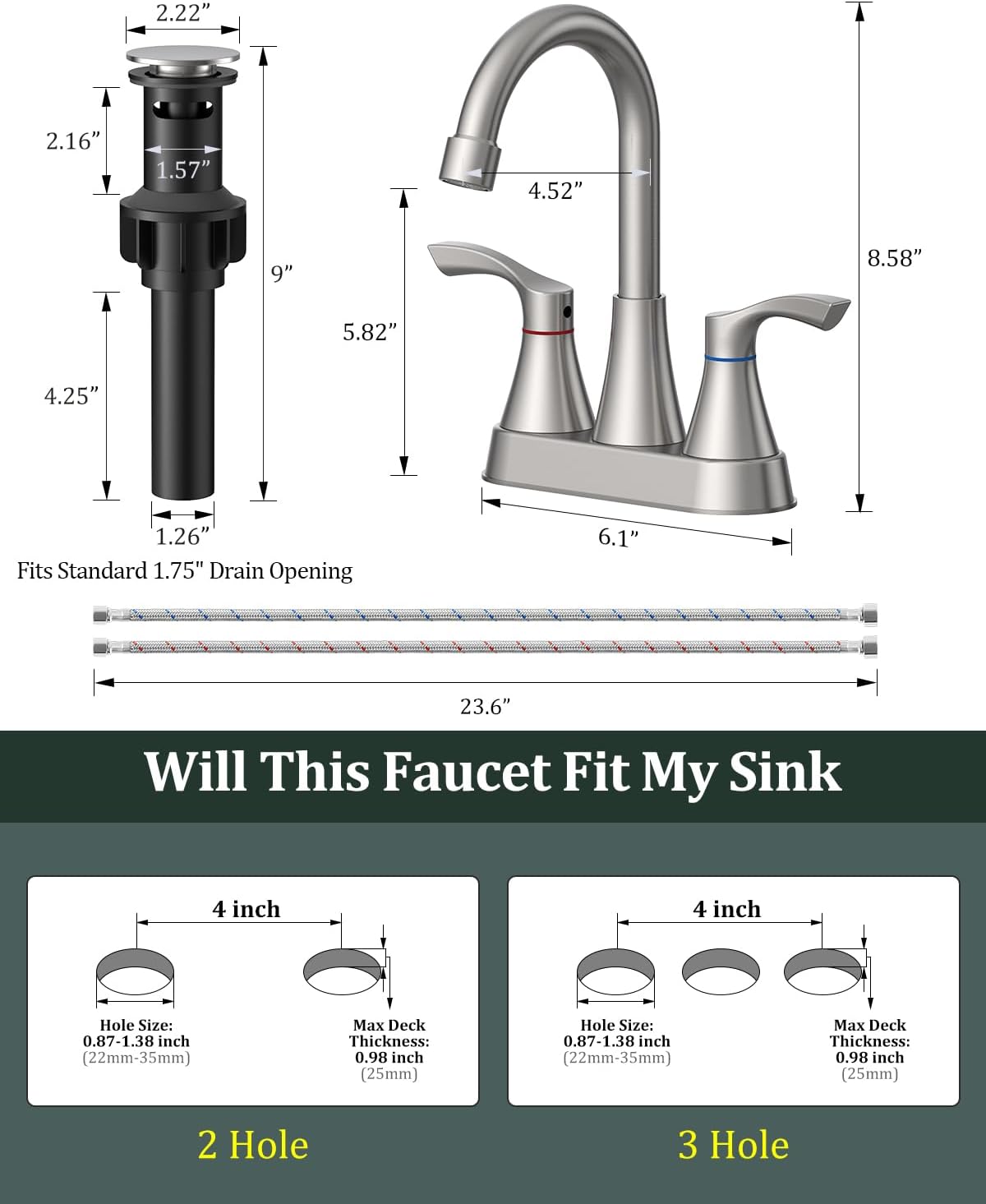 Brushed Nickel Bathroom Faucet 3 Hole, Evolvegoods 4 Inch Stainless Steel Bathroom Sink Faucet