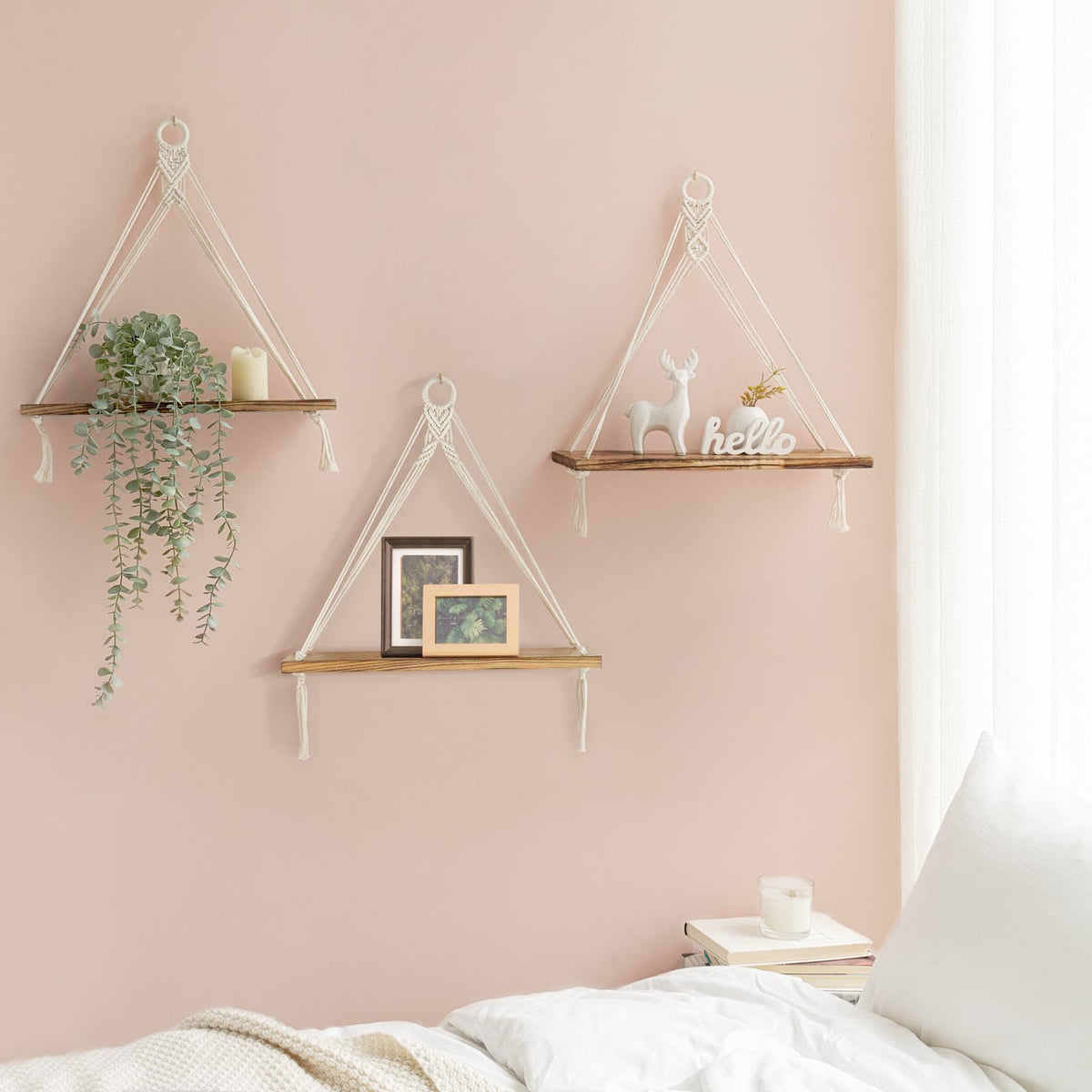 Macrame Hanging Shelves Boho Wall Decor Set of 3 Floating Wood Shelf