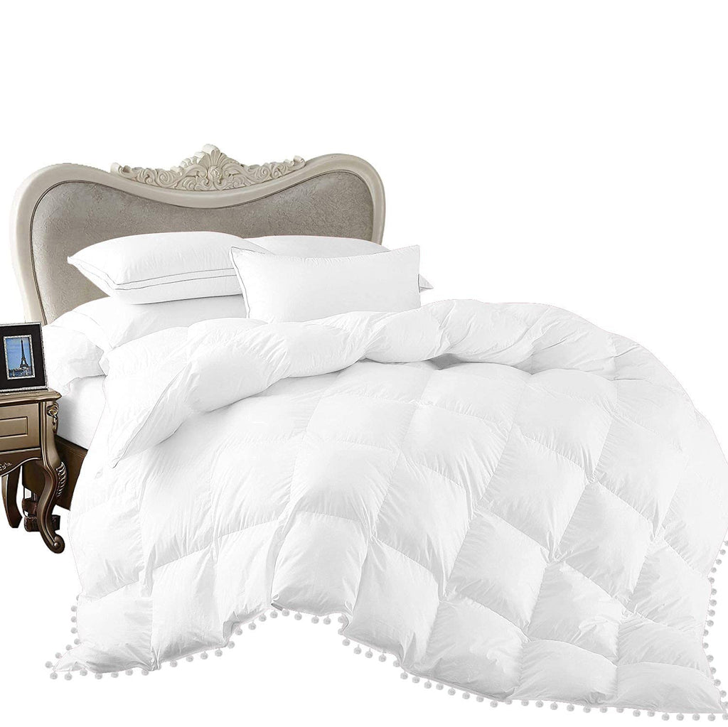 3 Piece White Vintage Pom-Pom Fringe, Box Design Comforter Set 1000 Thread Count, 550 GSM Filling, 100% Egyptian