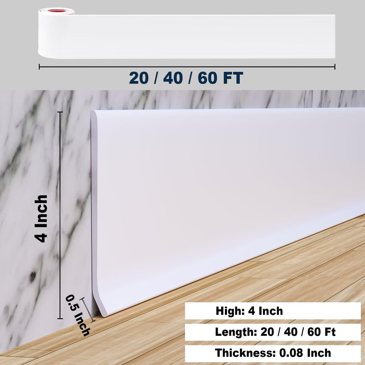 Flexible Baseboard Molding Trim, 4 Inch(W) x 20 Feet(L) Peel and Stick Rubber Wall Trim Molding, Self-Adhesive Vinyl